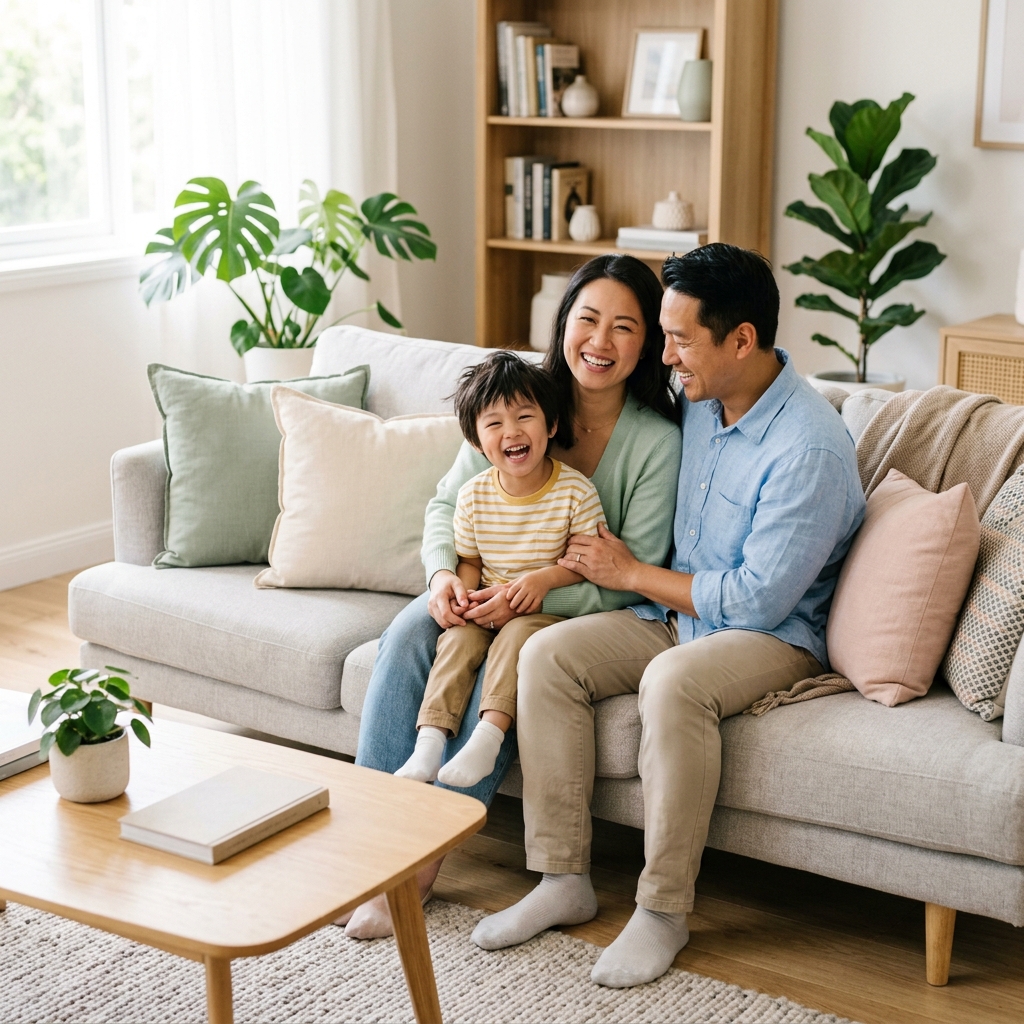 Gia đình hạnh phúc cùng con nhỏ vui đùa